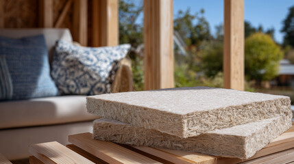 Beige fiber insulation sheets resting on wooden planks inside partially built house, sunlit window frames casting shadows across material edges modern energy-saving home retrofit