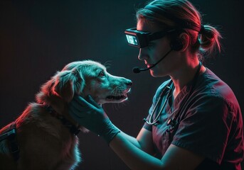Veterinarian Examining Dog with Advanced Headset in High-Tech Veterinary Clinic