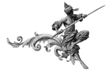 PNG Intricate silver sculpture of warrior in dynamic pose with spear