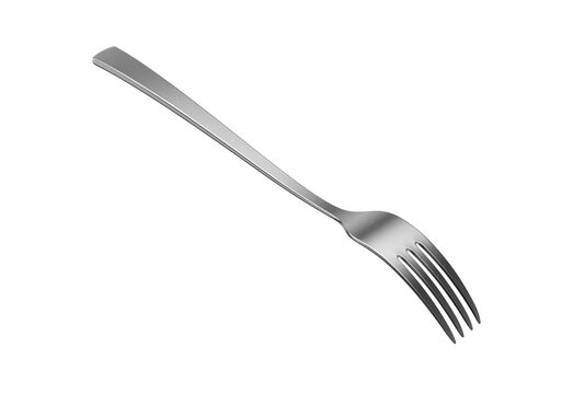 A sleek stainless steel fork with a reflective finish and a slightly curved handle. 3D Illustration