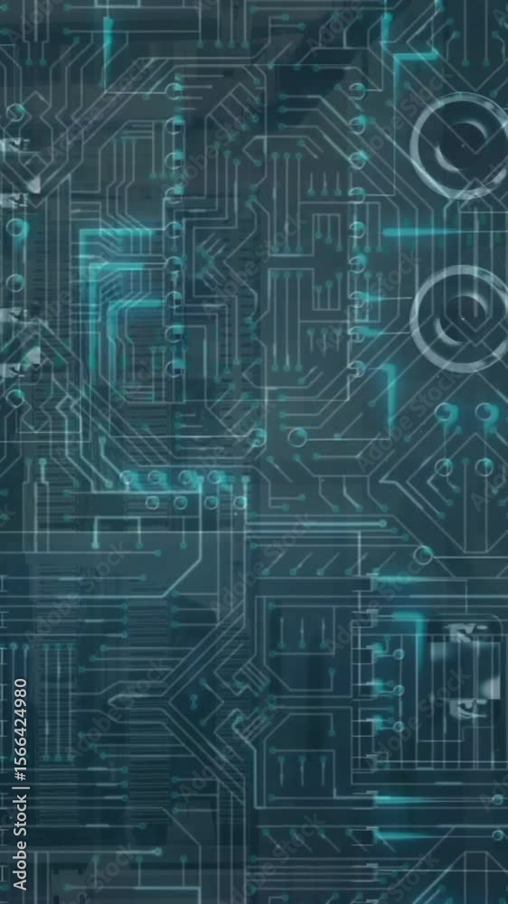 Poster animation of circuit board and digital data processing over computer servers