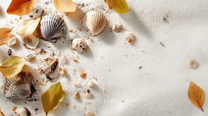 Leaves and seashells on a white sand