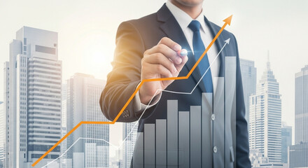 Naklejka na ściany i meble Close up of a handshake between two business people with city skyline in the background view from above