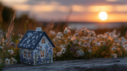 Dream house replica with intricate details positioned on old wooden plank, framed by sunlit wildflowers and rolling fields, fading orange sun dips behind distant trees serene visio
