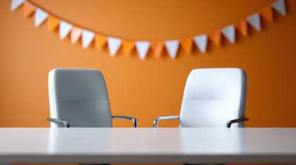 Employee birthday celebration with empty office chairs and festive orange background for party