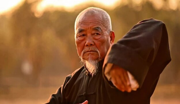 Chinese Kung-fu master. Wise elderly Asian man practices traditional Tai Chi or Qigong outdoors at sunrise. Serene martial artist meditating in a peaceful park. Self defense practice. Black belt
