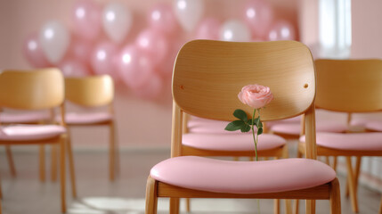 Pink balloon employee birthday celebration with wooden chair and rose flower in soft light for event decoration