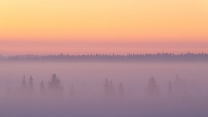 Misty landscape at dawn scenic view with soft pastel colors and ethereal atmosphere