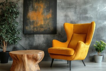 Wooden stump coffee table placed near a vibrant yellow fabric wing chair against a concrete wall with an art poster. Scandinavian interior design for a modern living room, Generative AI