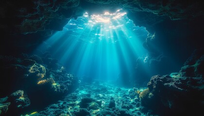 Obraz premium Sunbeams Illuminate Underwater Cave An Enchanting Ocean Scene
