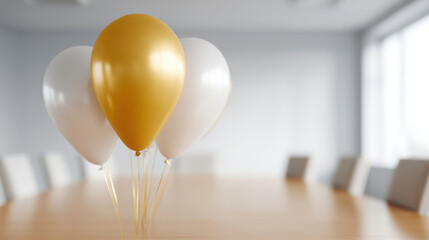 Golden balloon white balloon employee birthday celebration in office room with table and chairs