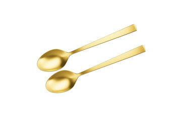 Two golden spoons featuring a smooth curves and straight handle, perfect for dining. 3d illustration
