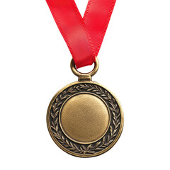Gold medal with red ribbon symbolizing achievement and excellence in competition, Gold medal on red ribbon isolated onisolated on white background