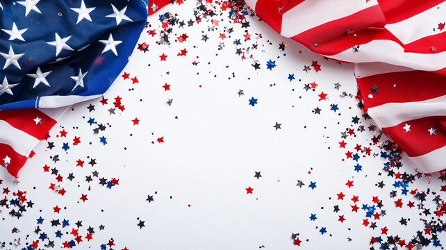 Patriotic American flag with star confetti on a white background, perfect for Independence Day celebrations.