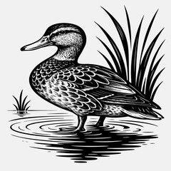 Detailed black and white vector illustration of a duck standing in shallow water with reeds
