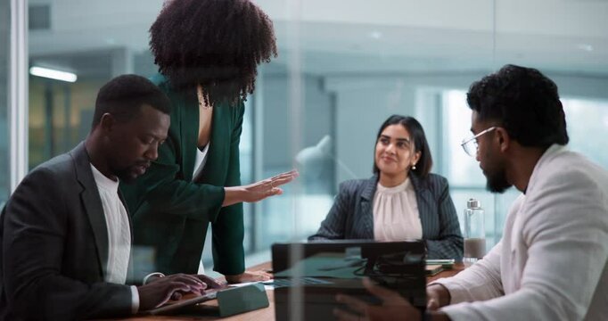 Business, people and talking with laptop in office for accounting, finance report and feedback. Staff, discussion and pc for teamwork, company performance and review proposal for financial investment