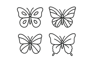 Various outlines of butterflies in different poses and styles showcasing intricate designs in a minimalist approach