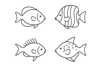 Various types of simple fish illustrations in a playful design suitable for children's artwork or educational materials