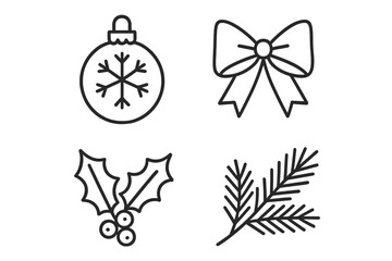 Decorative holiday symbols including a snowflake ornament, bow, holly, and pine branch for festive celebrations