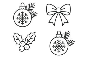 Decorative elements for a festive celebration featuring ornaments, bows, and holly