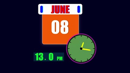 Calendar displaying June 8th day with a clock and 24 hours counting the current time on a dark background.
