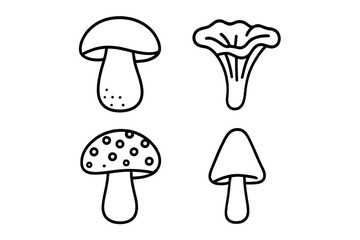 Collection of hand-drawn mushroom illustrations featuring various types and shapes in simple black and white style