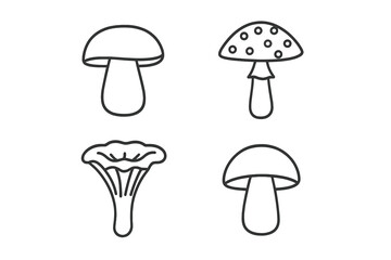 Collection of various mushroom illustrations with distinct shapes and patterns on a light background