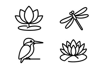 Illustrations of nature elements featuring lotus flowers, a dragonfly, and a kingfisher in a minimalist design