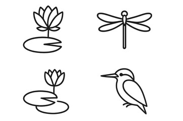 Nature illustrations showcasing a lotus, dragonfly, kingfisher, and water lilies in a serene aquatic setting