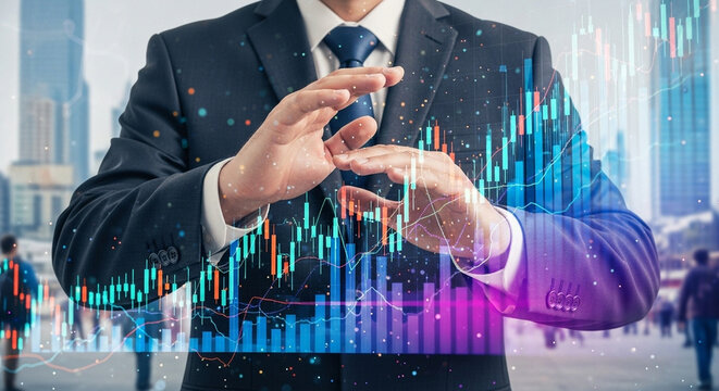 Businessman gesturing over stock market chart overlay against a city backdrop at daytime