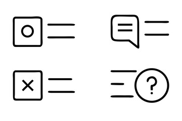 Minimal UI Icon Set – Outline Symbols of Check, Cross, Chat Bubble, and Question Mark with Motion Lines
