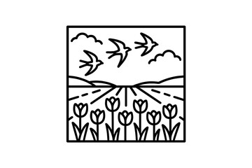 Swallows flying over a field with blooming tulips under a cloudy sky near a distant hill in springtime