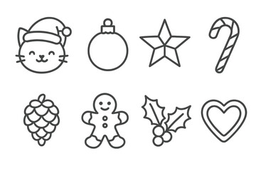 Festive holiday doodles featuring a cat in a hat, ornaments, candy canes, and classic winter symbols