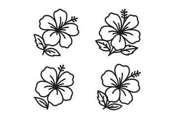 Hibiscus flowers illustrated in black line art style featuring four distinct designs on a white background