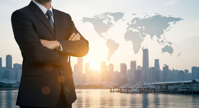 Businessman with arms crossed over city skyline and world map overlay at sunset or sunrise