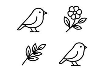 Simple line art depicting birds, flowers, and leaves in a minimalist style for nature lovers and design enthusiasts
