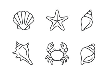 Collection of sea creatures and shells displayed in simple line art style for educational and decorative purposes