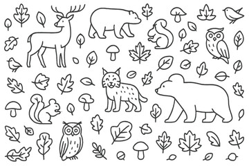 Drawings of forest animals and nature elements in a whimsical design suitable for kids and nature lovers