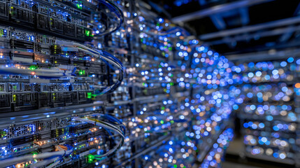 Data center cabinet filled with black and silver network switches, fiber cables of various colors routed orderly, cool blue lighting creating a futuristic tech atmosphere internet