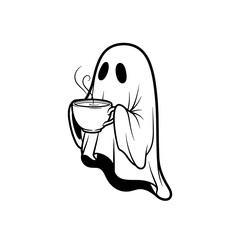 Cartoon ghost with cozy mood enjoying a hot beverage in a cup in black and white