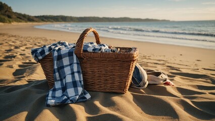 Picnic basket on sandy beach
