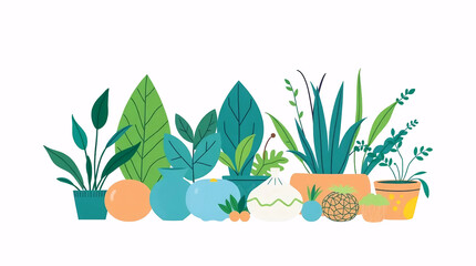 flat illustration of garden plants and green foliage with colorful pots in minimal nature-friendly style and soft colors