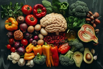 Variety of colorful vegetables, nuts, spices and brain promoting cognitive health and boosting memory power
