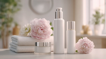 Elegant white skincare bottles and cream jars for women's body and face care in a serene spa environment, highlighting wellness, beauty rituals, and relaxation.