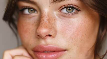 Confident Woman Radiating Inner Beauty, showcasing glowing skin, natural makeup, expressive eyes, soft lips, highlighting the essence of self-care and self-love.