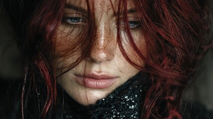 Freckled woman with red hair and blue eyes