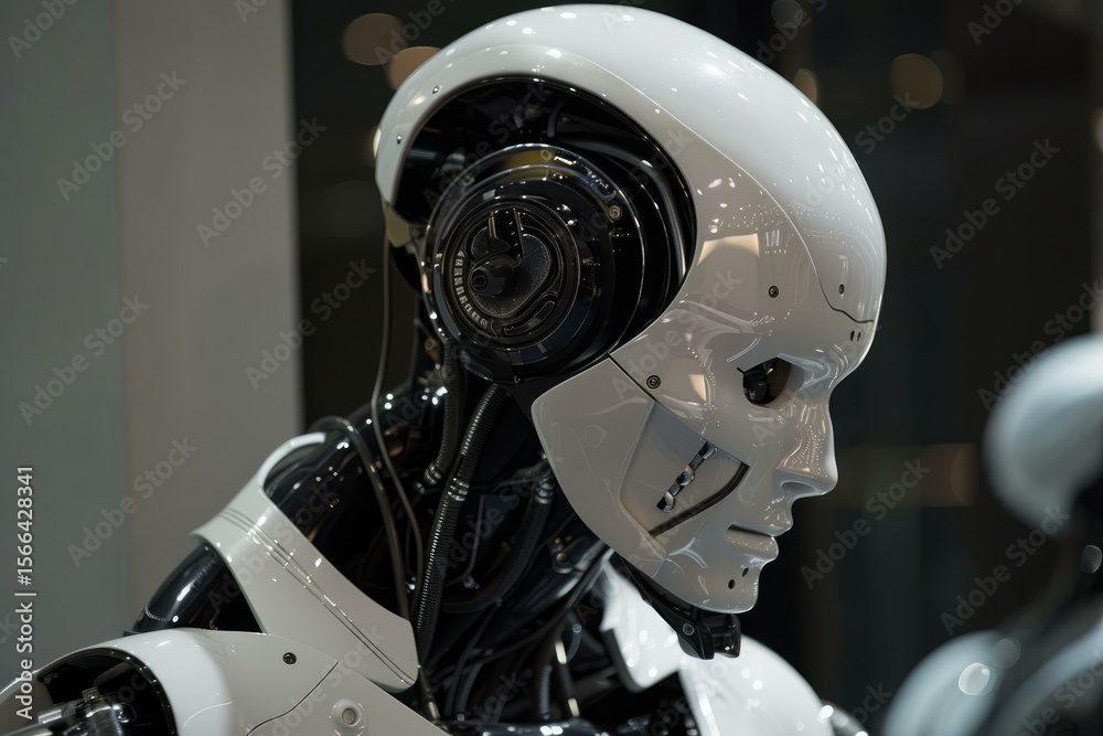 Poster humanoid robot showing human like features and artificial intelligence in futuristic context