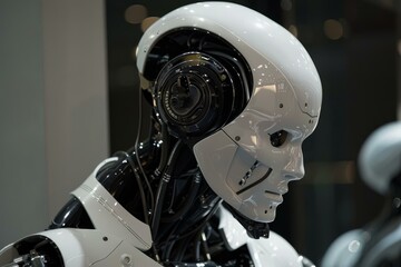 Fototapeta premium Humanoid robot showing human like features and artificial intelligence in futuristic context