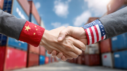 Handshake of Cooperation, a symbolic meeting of hands adorned with Chinese and American flags, set against vibrant cargo containers under a bright blue sky, embodying trade dynamics.