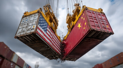 Clashing Containers, Two giant shipping containers, one adorned with the US flag and the other with the Chinese flag, collide mid-air, shattering into fragments.